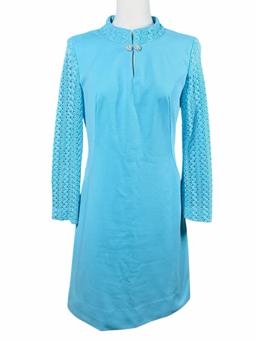 Vintage Turquoise Blue Shift Dress A-Line Keyhole Decorative Buttons Medium